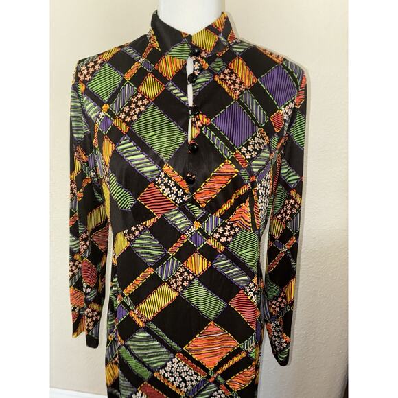 Vintage Polyester Dress Patchwork Zip No Designer Union Label S M High Neck Zip - Picture 3 of 15